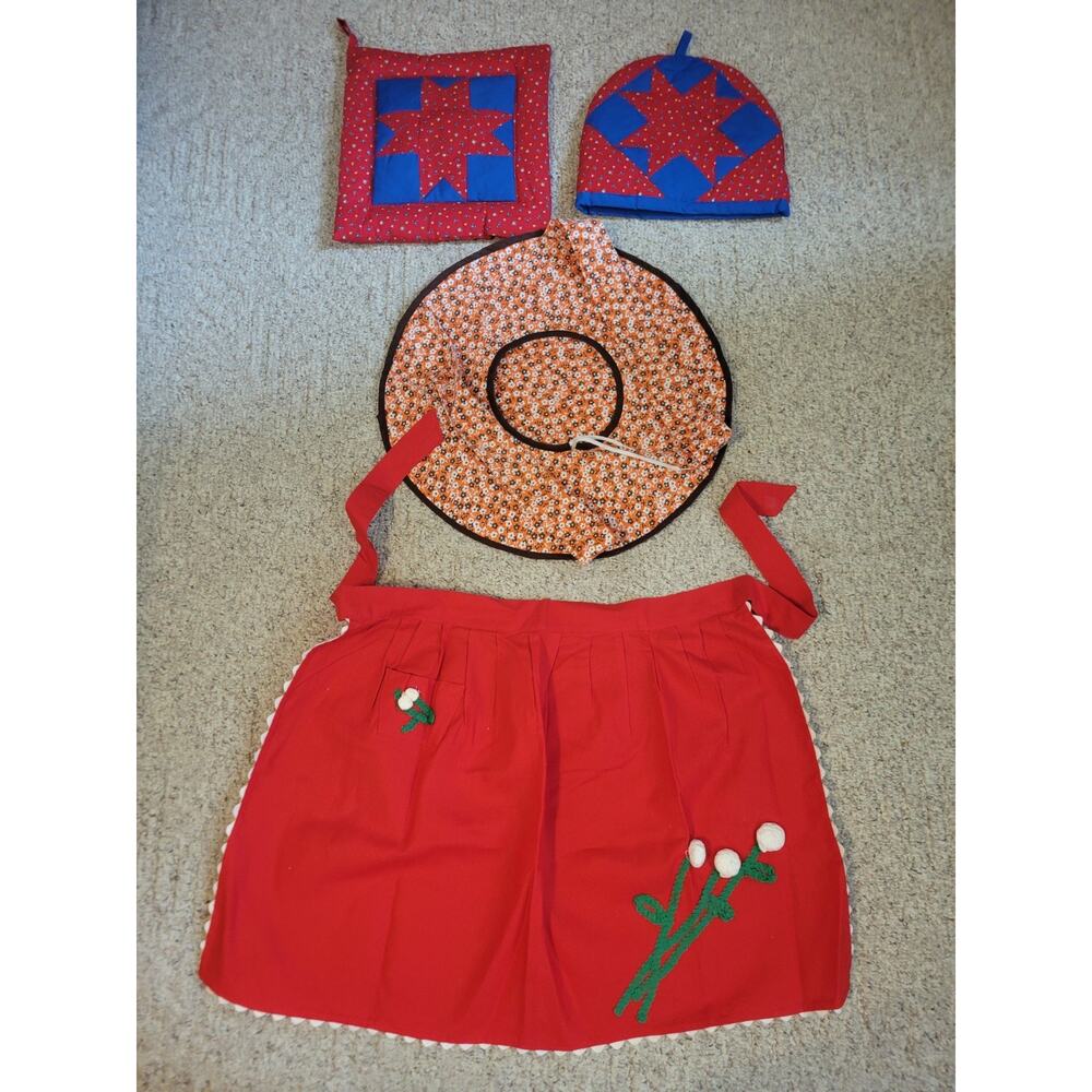 Handmade MCM‎ Pot Holder, Mitts & Half Apron Red Floral Kitchen Country Quilted
